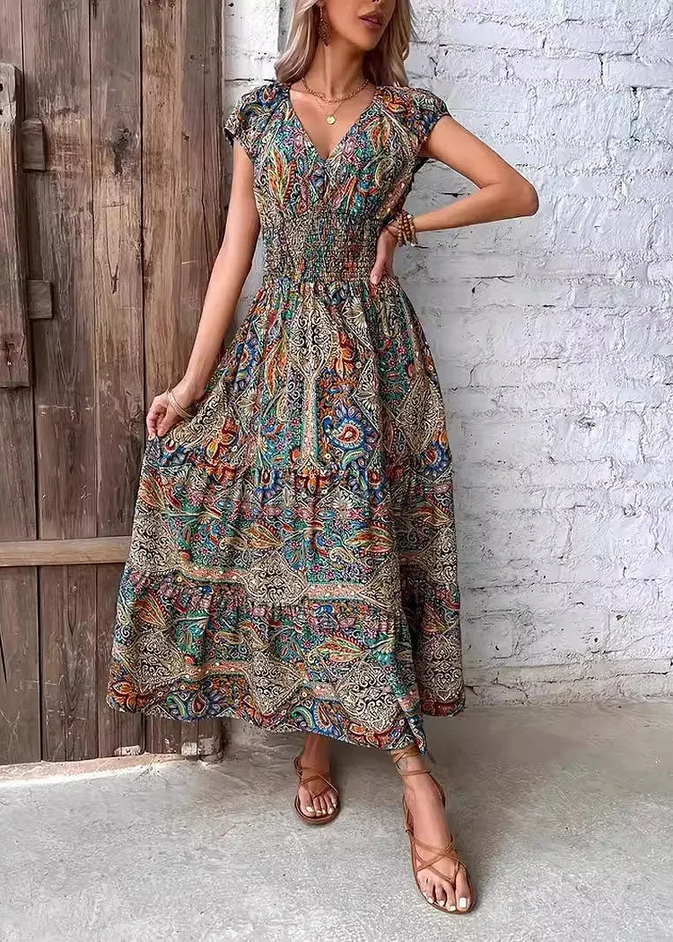 Boho Loose V Neck Print Cotton Long Dress Summer