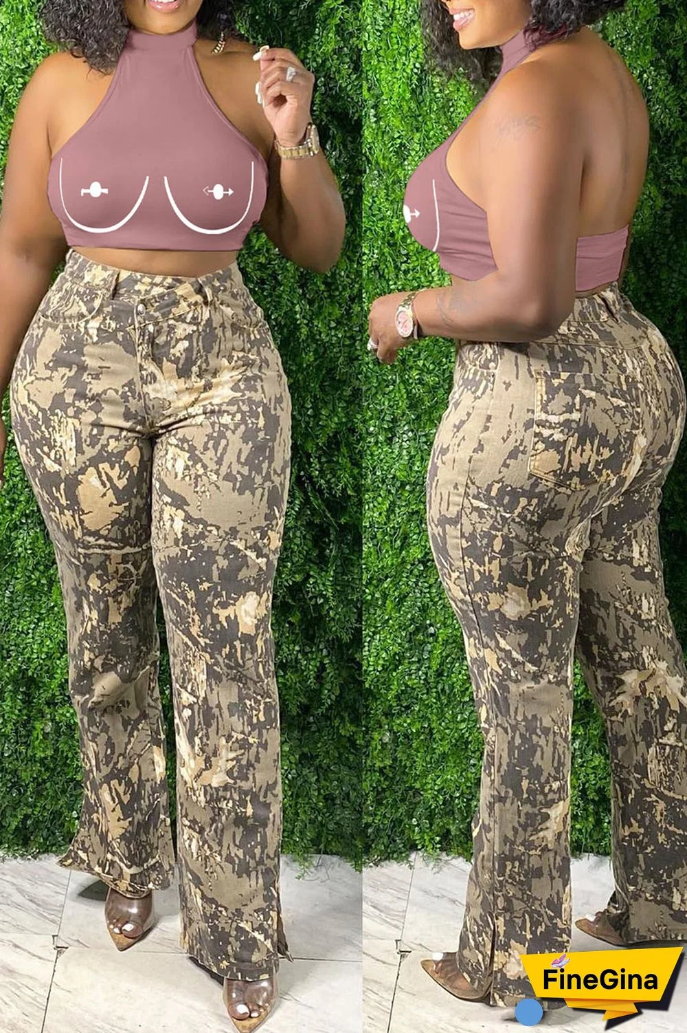 Brick Red Sexy Print Patchwork O Neck Tops