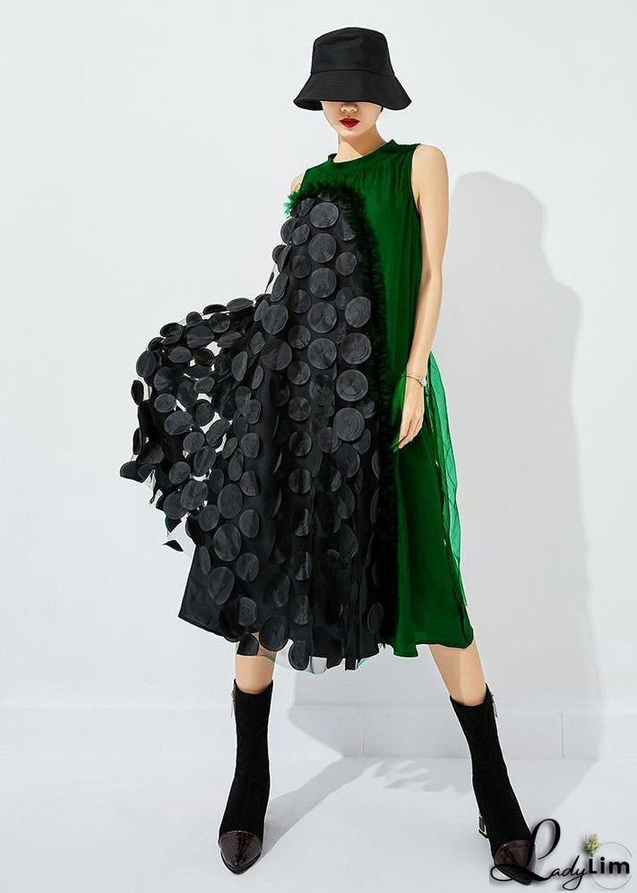 Bohemian Khaki Asymmetrical Patchwork Wrinkled Tulle Maxi Dress Sleeveless