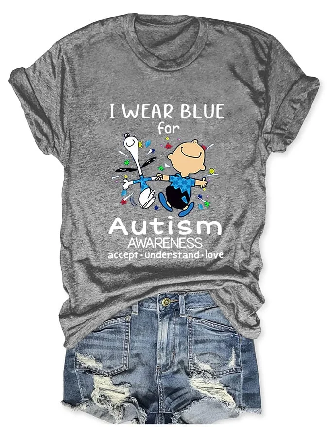 Round Neck Autism Awareness I Wear Blue For Autism Print T-Shirt