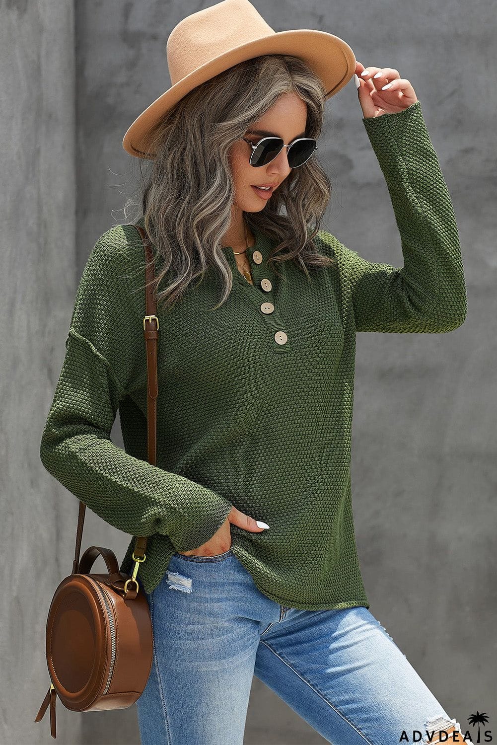 Women's Green Henley Pullover Drop Shoulder Sweater with Slits