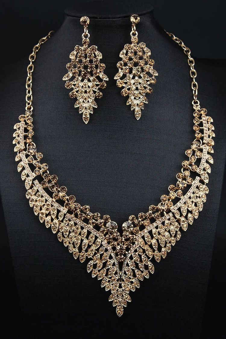 Rhinestone Necklace Leaf Shaped Dangle Earrings Alloy Jewelry Set