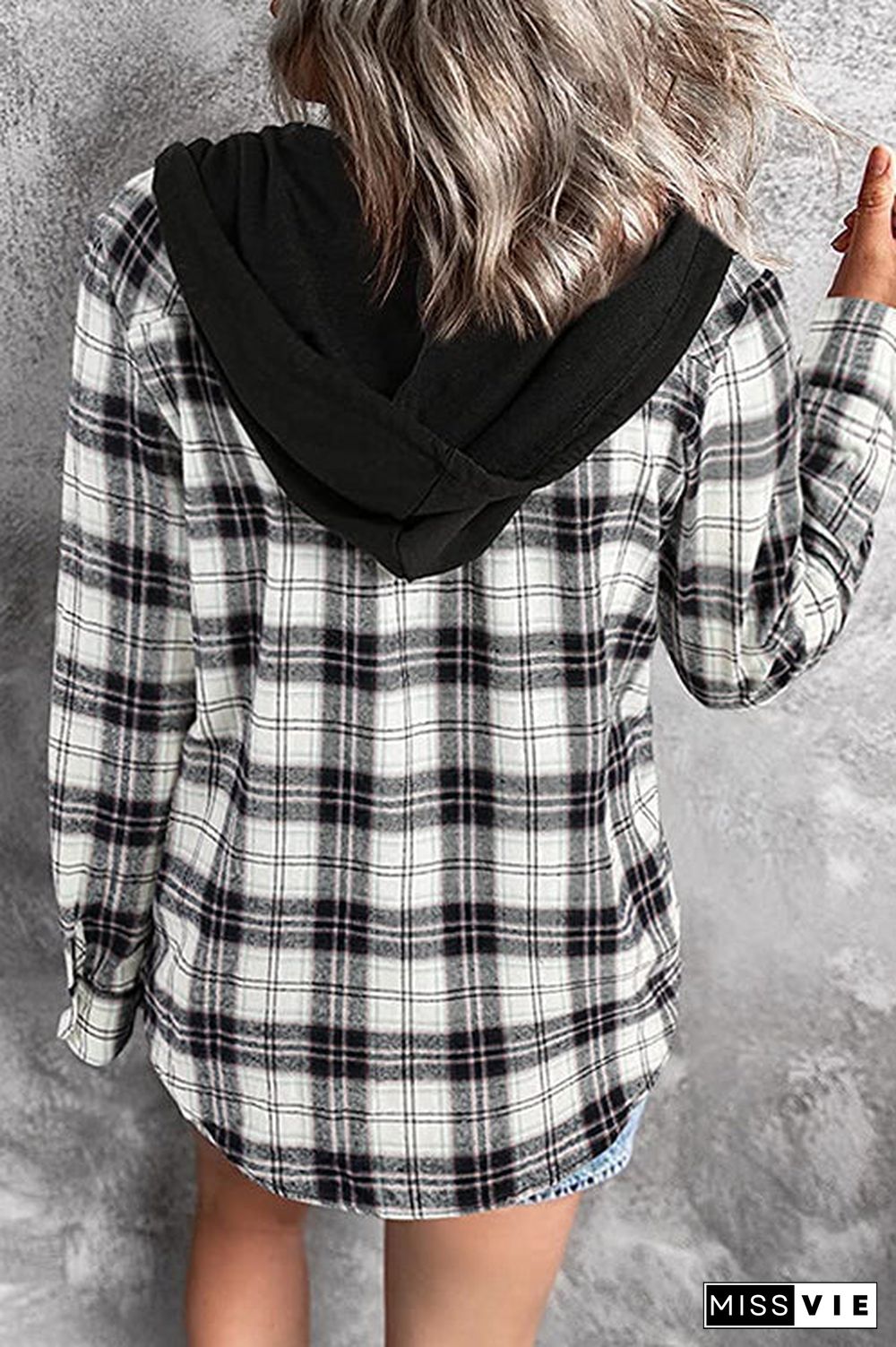 Flannel Plaid Button Down Hoodie Top