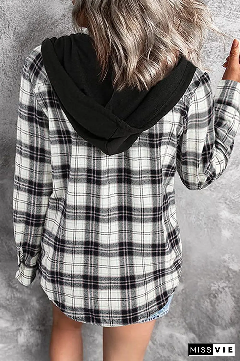Flannel Plaid Button Down Hoodie Top