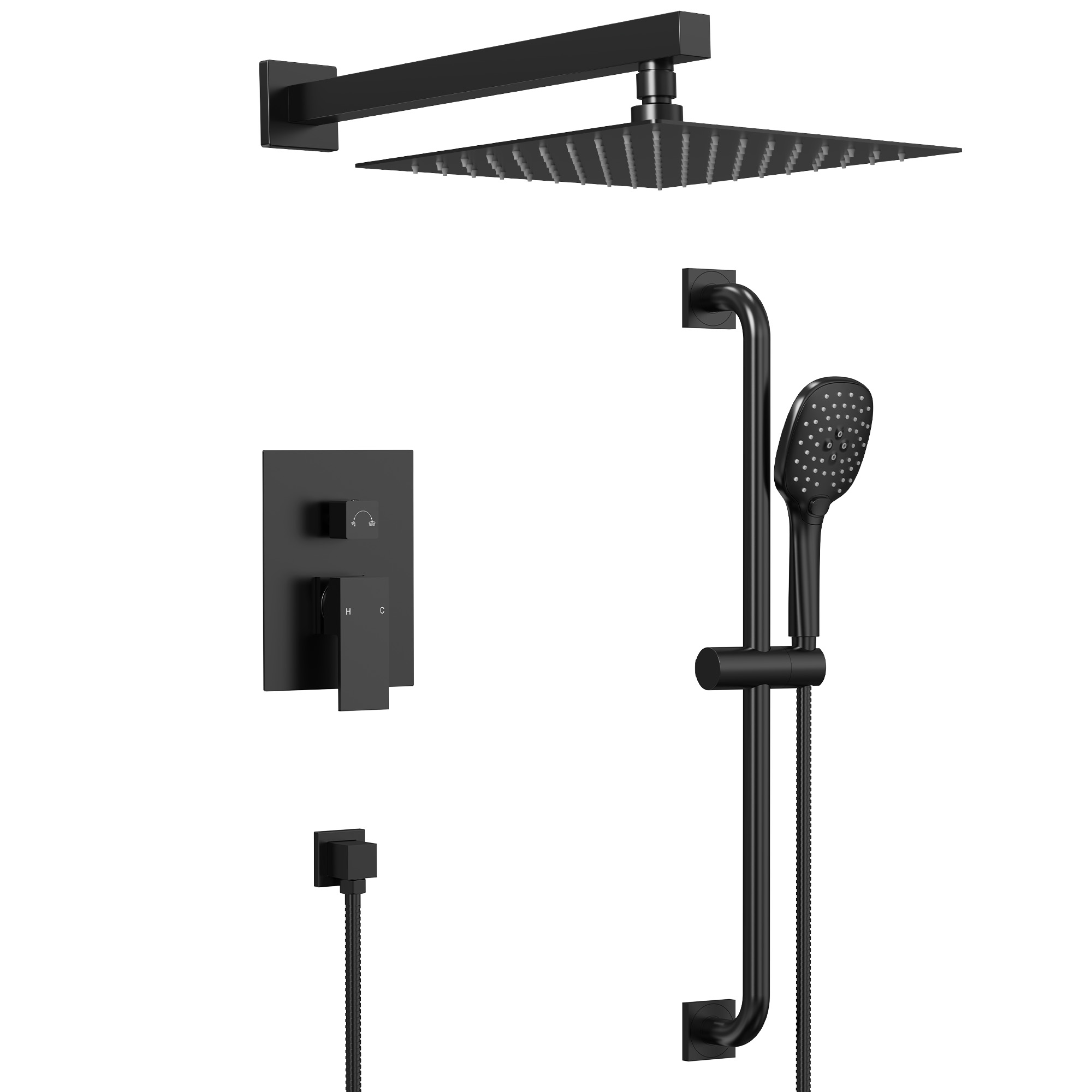 10" 2-Spray Wall-Mounted Rain shower System with Built-in Rough-in Valve, Matte Black