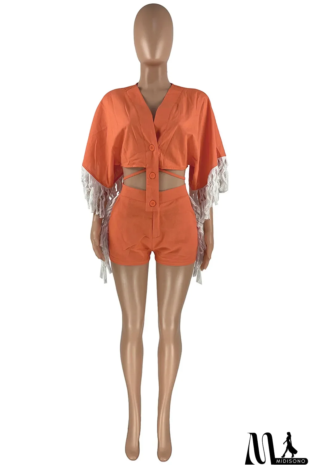 MidiSono - Orange Fashion Casual Solid Tassel Split Joint Frenulum V Neck Half Sleeve Two Pieces