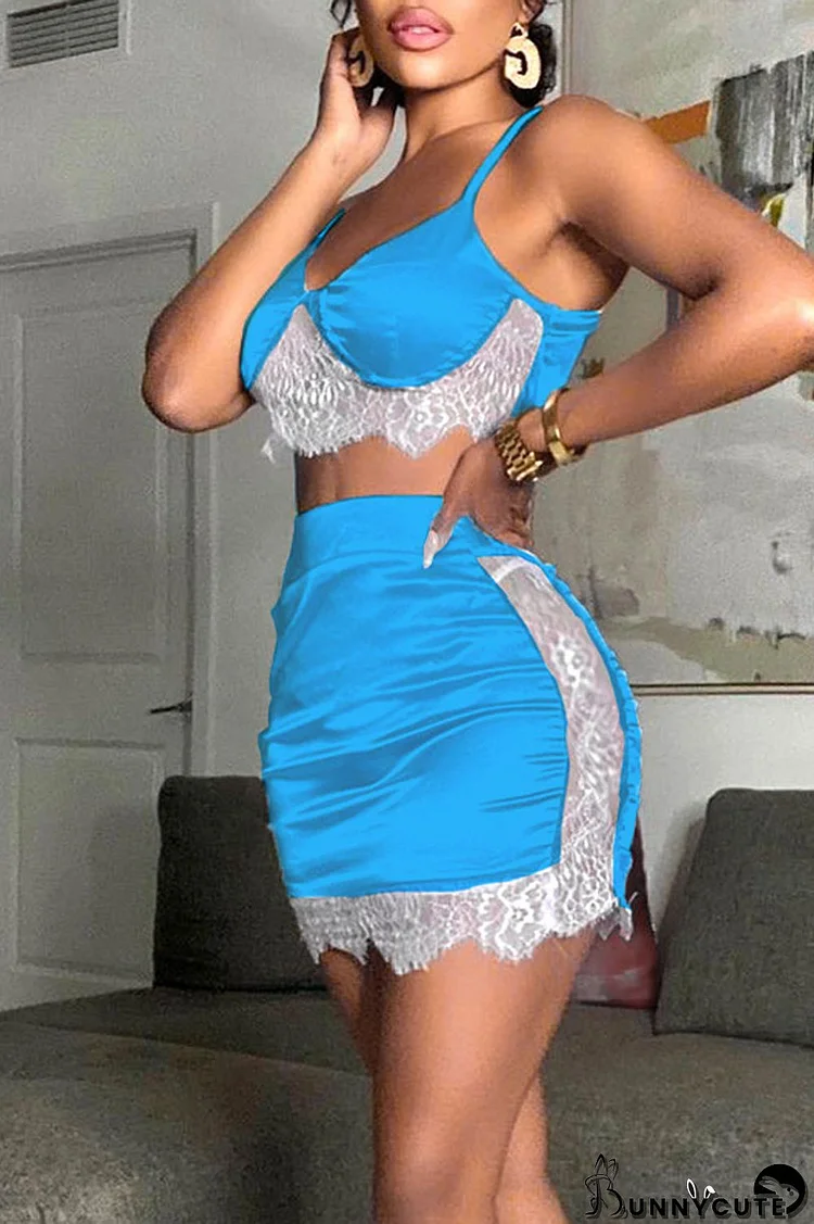 Blue Sexy Solid Patchwork Spaghetti Strap Sleeveless Two Pieces