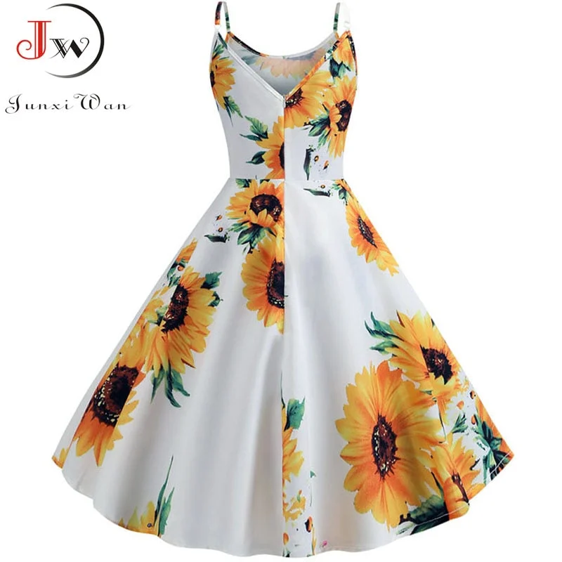 Summer Women Dress  Sexy Sunflower Print Tunic Beach Dress Sundress White Spaghetti Strap Swing Vintage Rockabilly Dresses