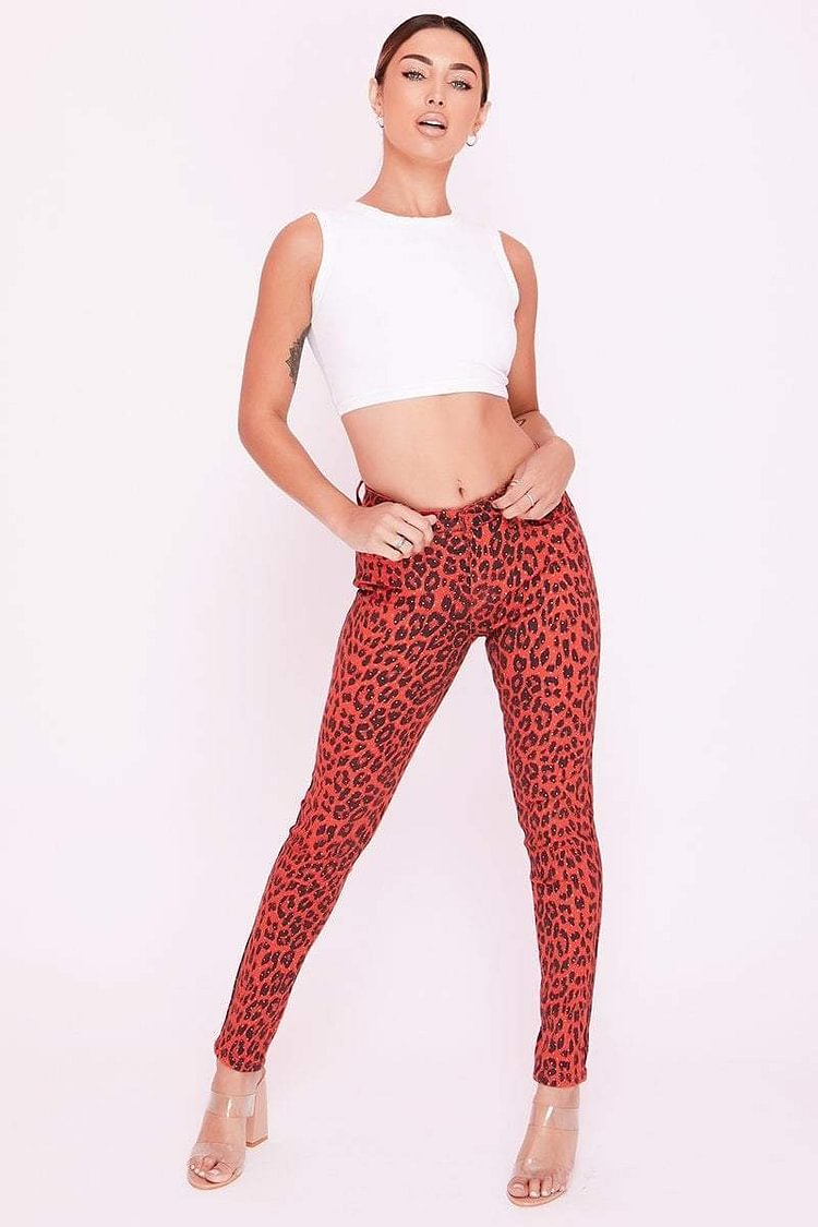 Red High Waist Skinny Fit Leopard Print Jeans Katch Me