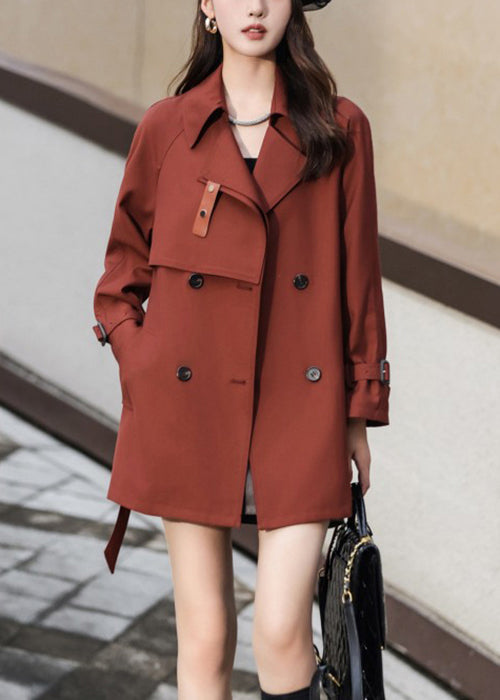 VCSHOES Rust Double Breast Tie Waist Pockets Cotton Coat Fall