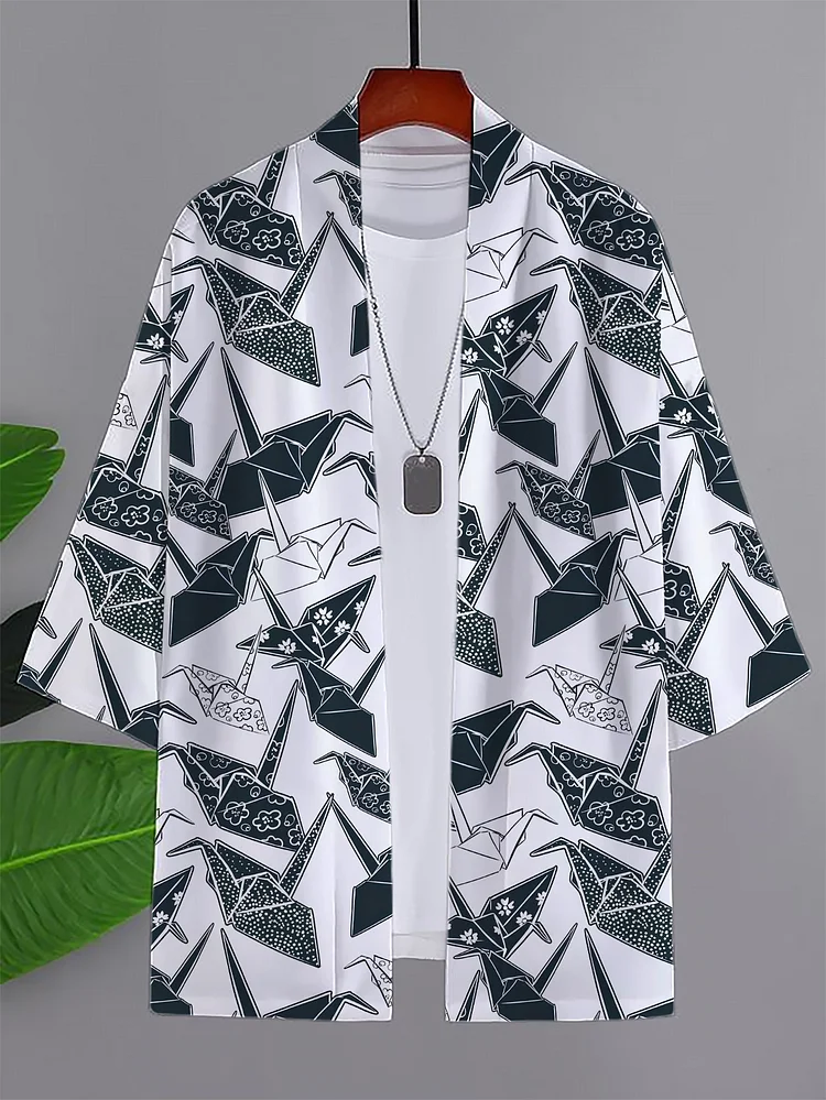 Men's Paper Crane Pattern Japanese Art Print Casual Kimono Cardigan