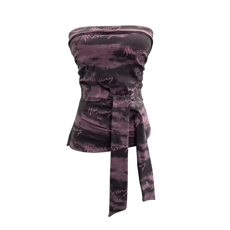 Nigikala Nigikala Shot Y2k With Chest Pads With Chest Pads To Wear Chest Vest Irregular Belt Strap Short Tie-Dye Letter Print Top 9270