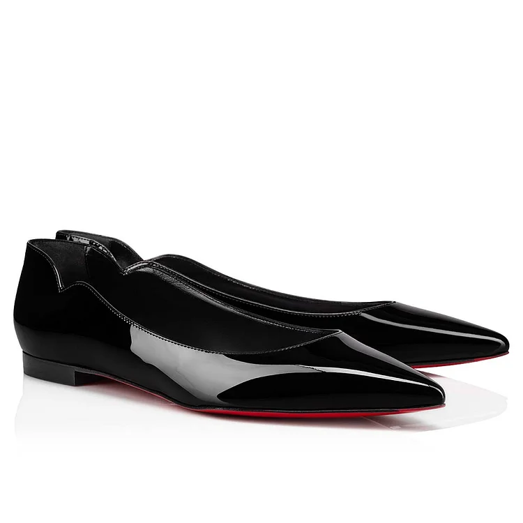 Women's Red Bottom Flat Shoes Pointed Toe Solid Color Patent Leather V-shaped Notches Shoes VOCOSI VOCOSI