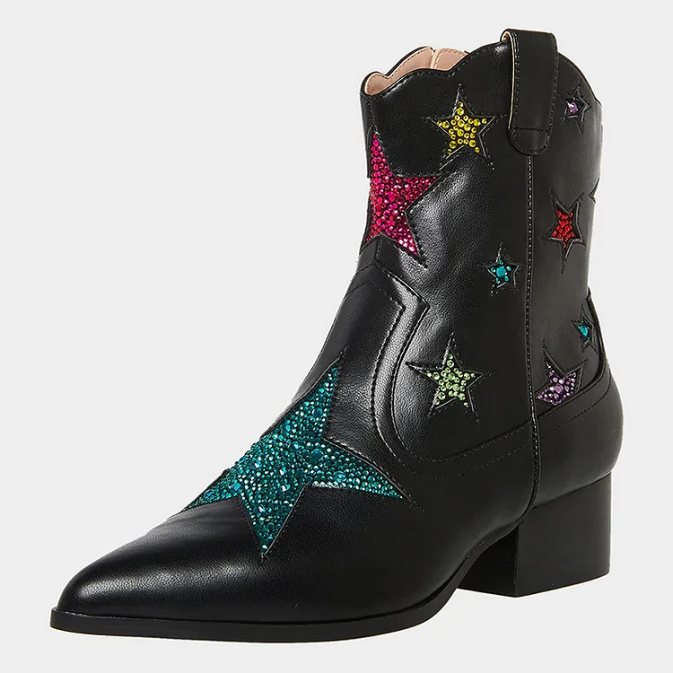 Black Chunky Heel Multicolor Rhinestone Star Western Boots for Women |FSJ Shoes