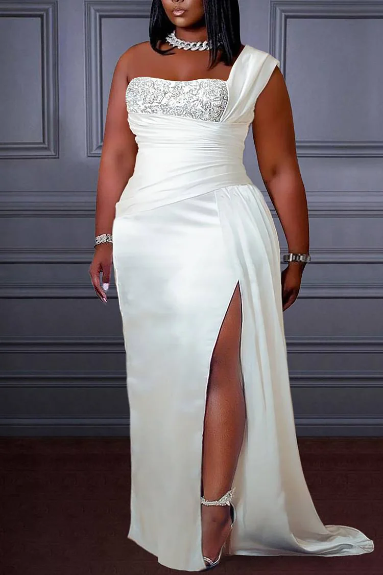 Plus Size White Formal Satin One Shoulder Sequin High Split Maxi Dresses