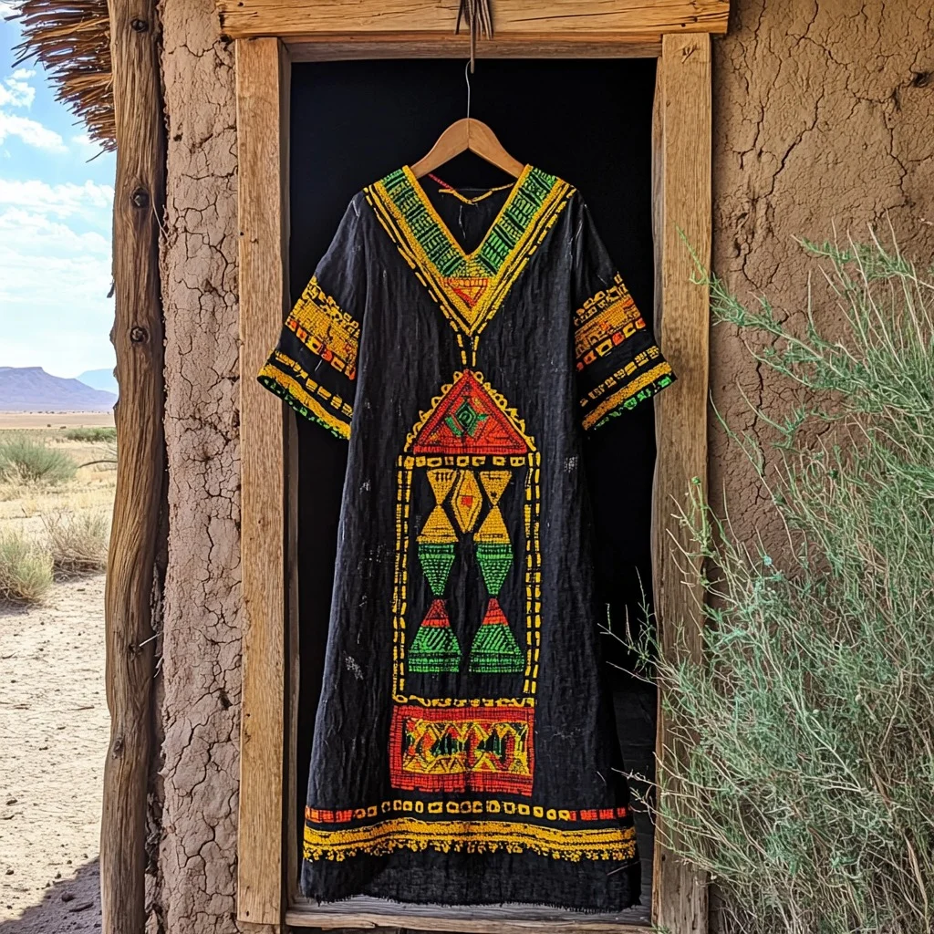 Women's African Geometry Art Line Mix Comfort Contrast Color Dress