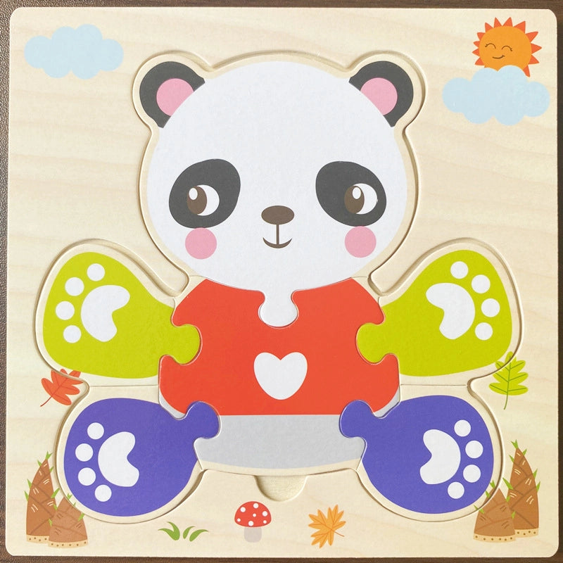 Kindergarten Children’s Enlightenment Early Education Cognition Cartoon Animal Cognition Hand-held Board Wooden Three-dimensional Puzzle Wooden Toys