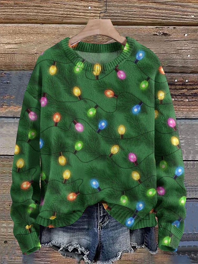 Comstylish Christmas Tree Lights Print Knitted Pullover Sweater