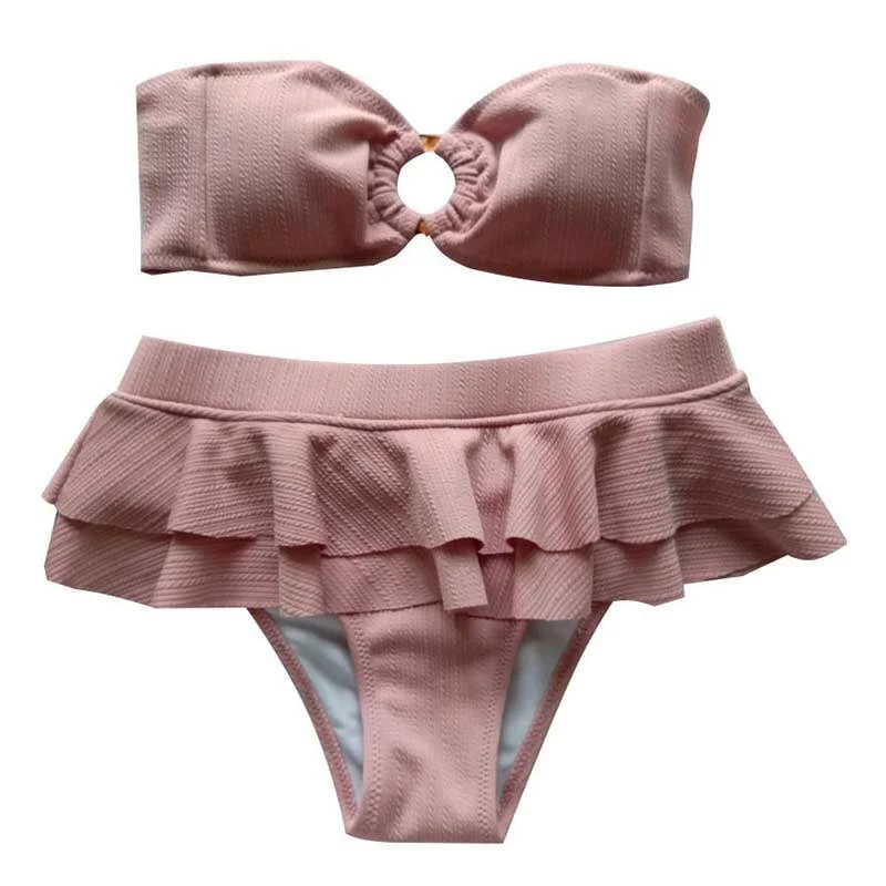 Sexy Bandeau Swimsuit Women Ruffle Bikini Mujer 2021 Summer Sexy Two Pieces Solid Pink Swimwear Push Up Bather Suit Women