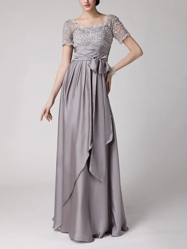 Square Short-sleeved Floor-length Stretch-woven Satin Maxi Dress