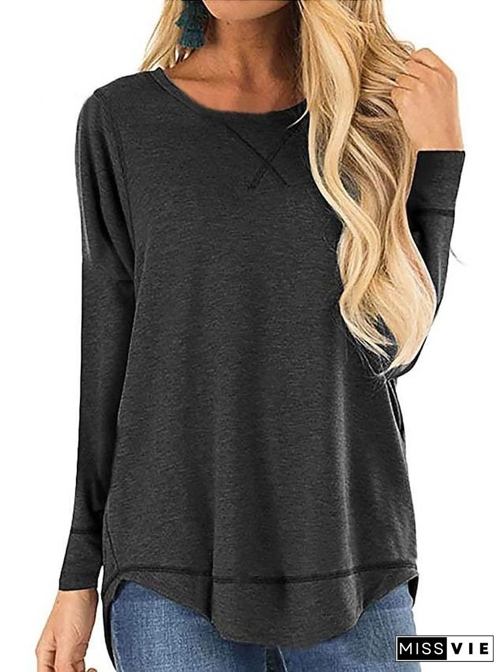 Women's T Shirt Plain Solid Color Long Sleeve Round Neck Basic Casual Tops Cotton Black Green Sky Blue