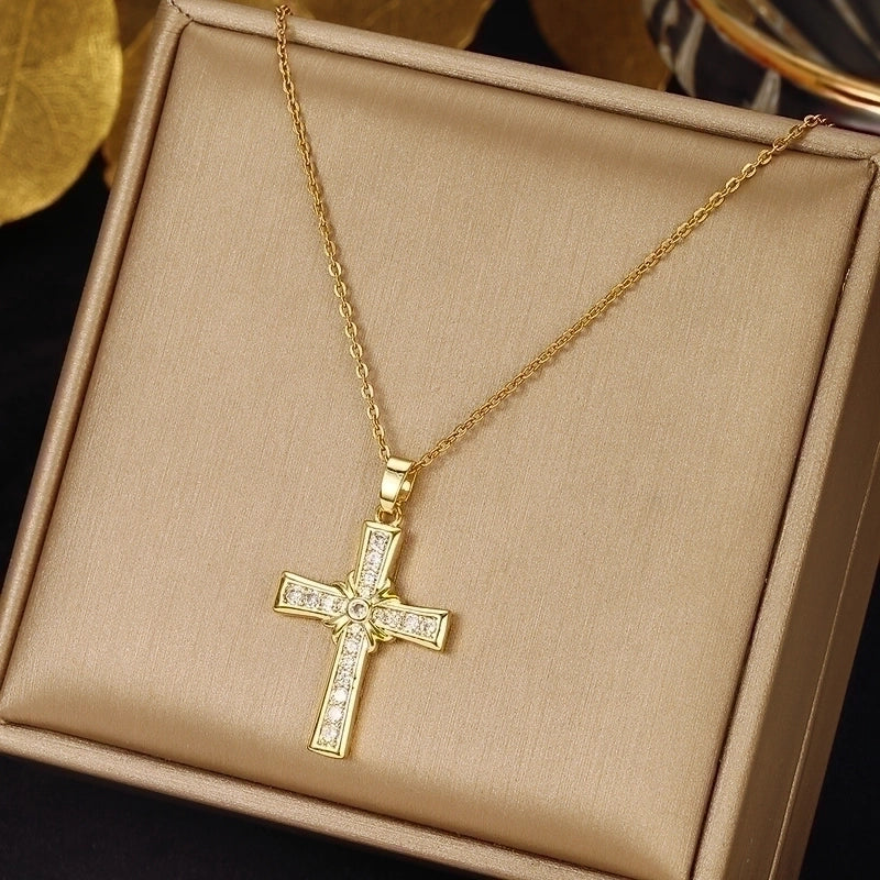 2 Pieces Ethnic Style Cross Stainless Steel Inlay Zircon Pendant Necklace