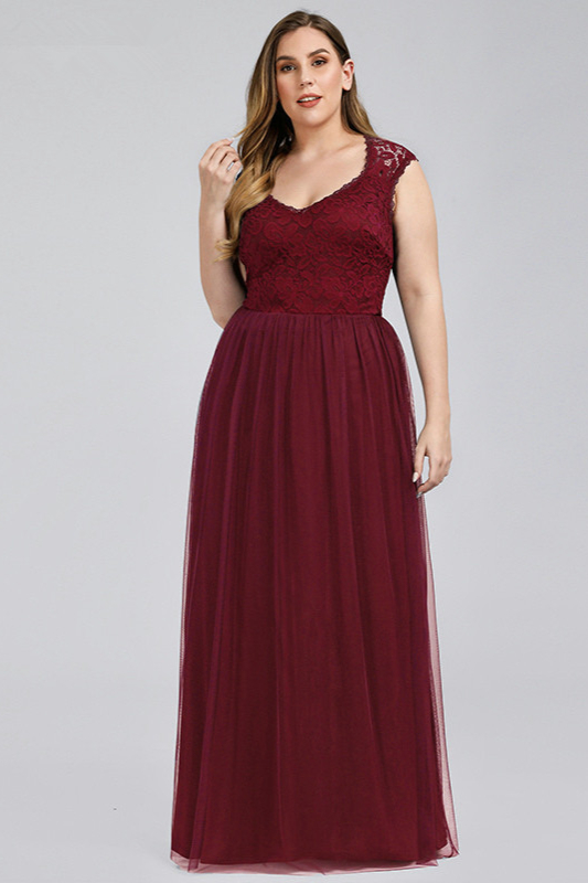 burgundy lace long plus size prom dress