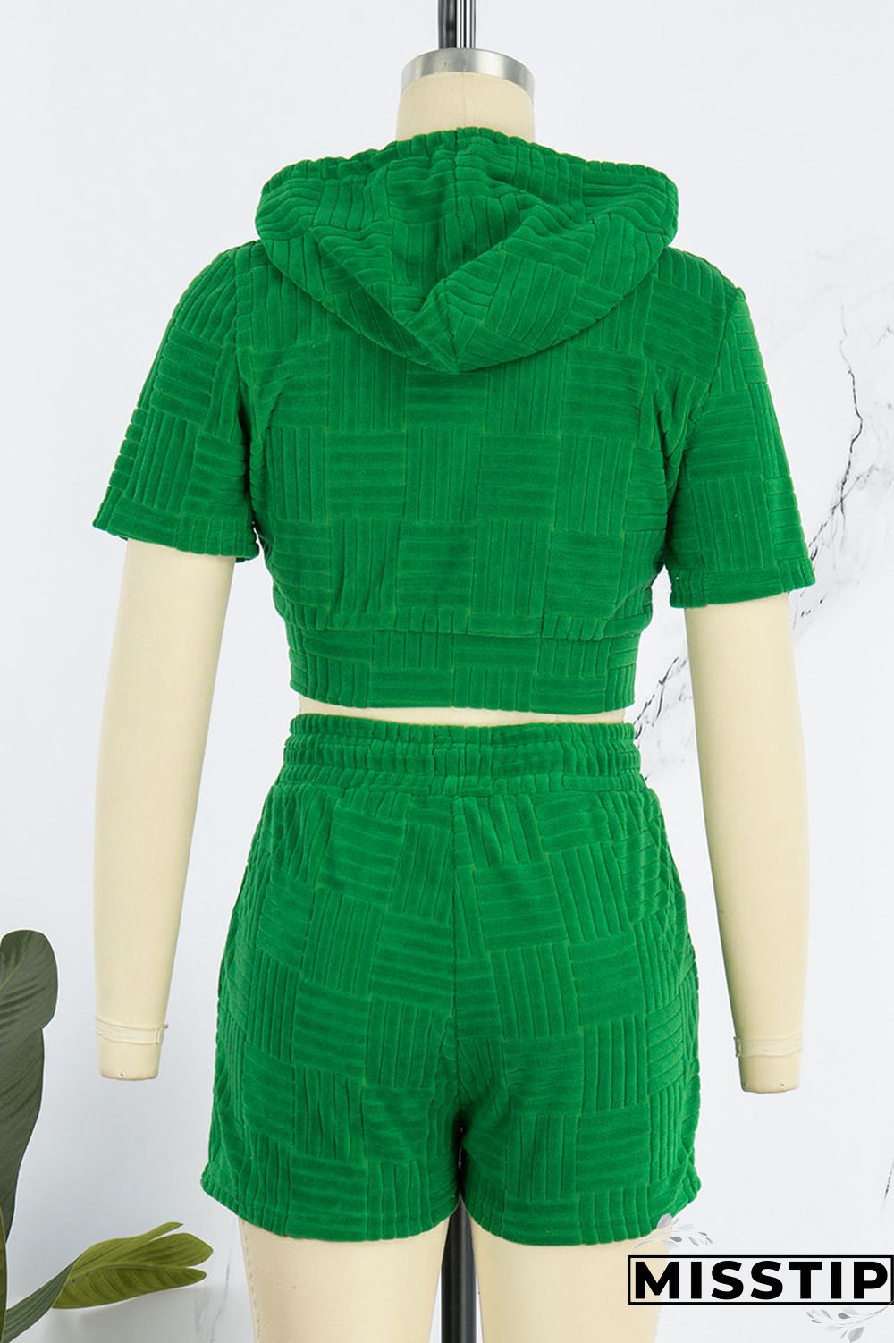 Green Casual Solid Patchwork Zipper Hooded Collar Short Sleeve Two Pieces