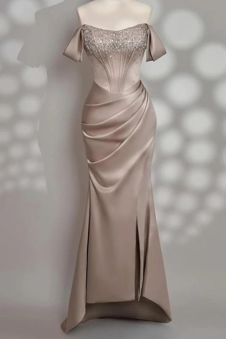 Miabel Charming Taupe Satin Strapless Off the Shoulder Long Split Prom Dress with Beadings 