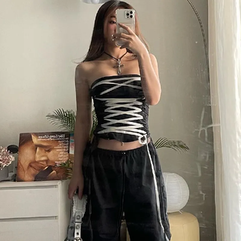 Uveng Uveng New Fashion Sexy Pure Desire Wind Cross Tie A Word Shoulder Slim Show Thin Wipe Chest Vest Female