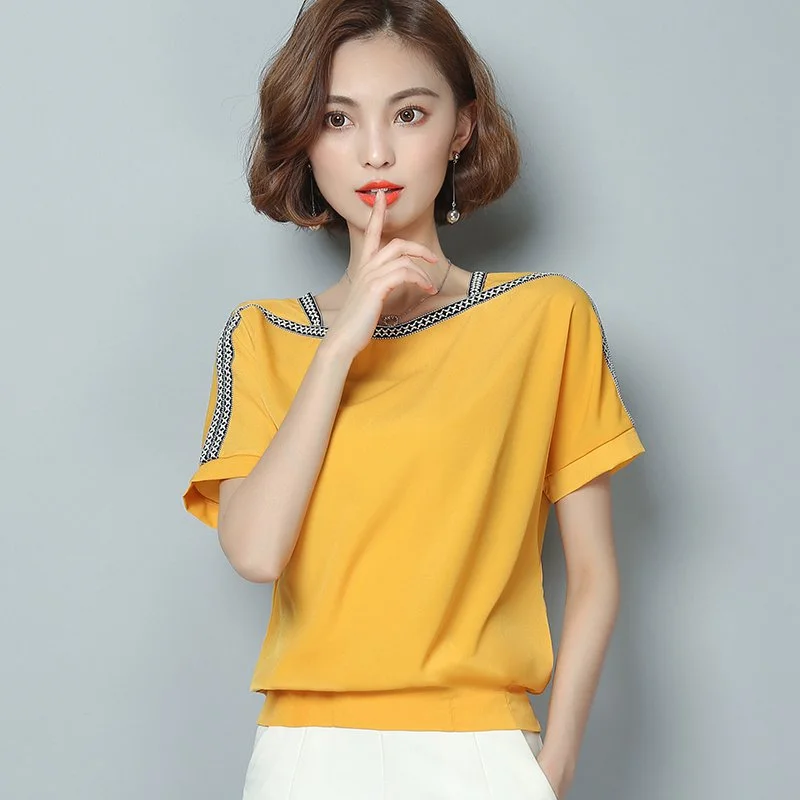 summer new 2020 chiffon women blouse shirt causal plus size short sleeve women tops solid white red yellow color blusas 0370 30