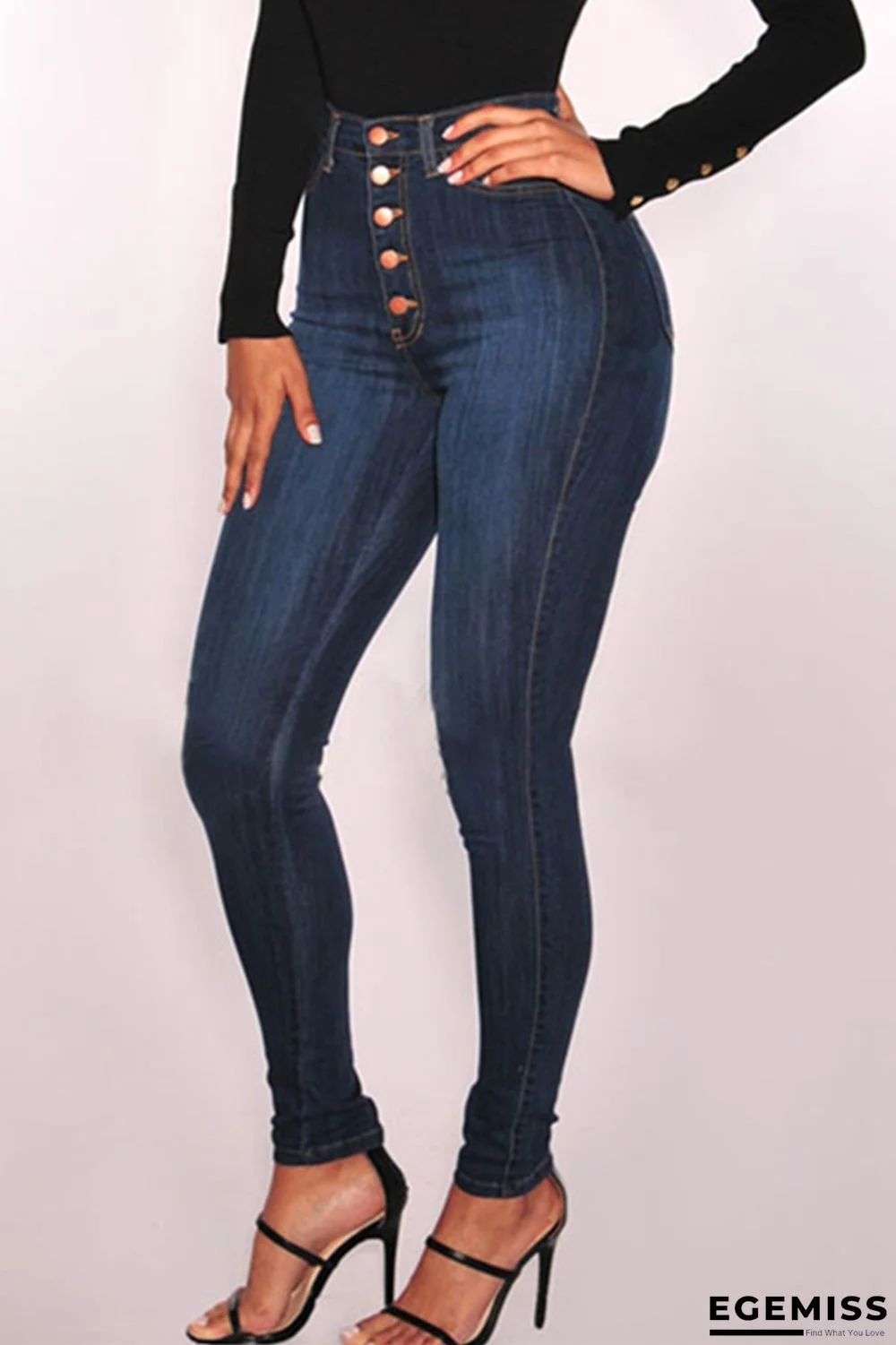 Blue Black Fashion Casual Solid Buttons High Waist Skinny Denim Jeans | EGEMISS