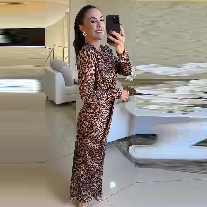 Toloer Toloer 2024 New Light Ripe Wind Leopard Print Low Collar Waist Slit Sexy Dress-Outfit Ideas