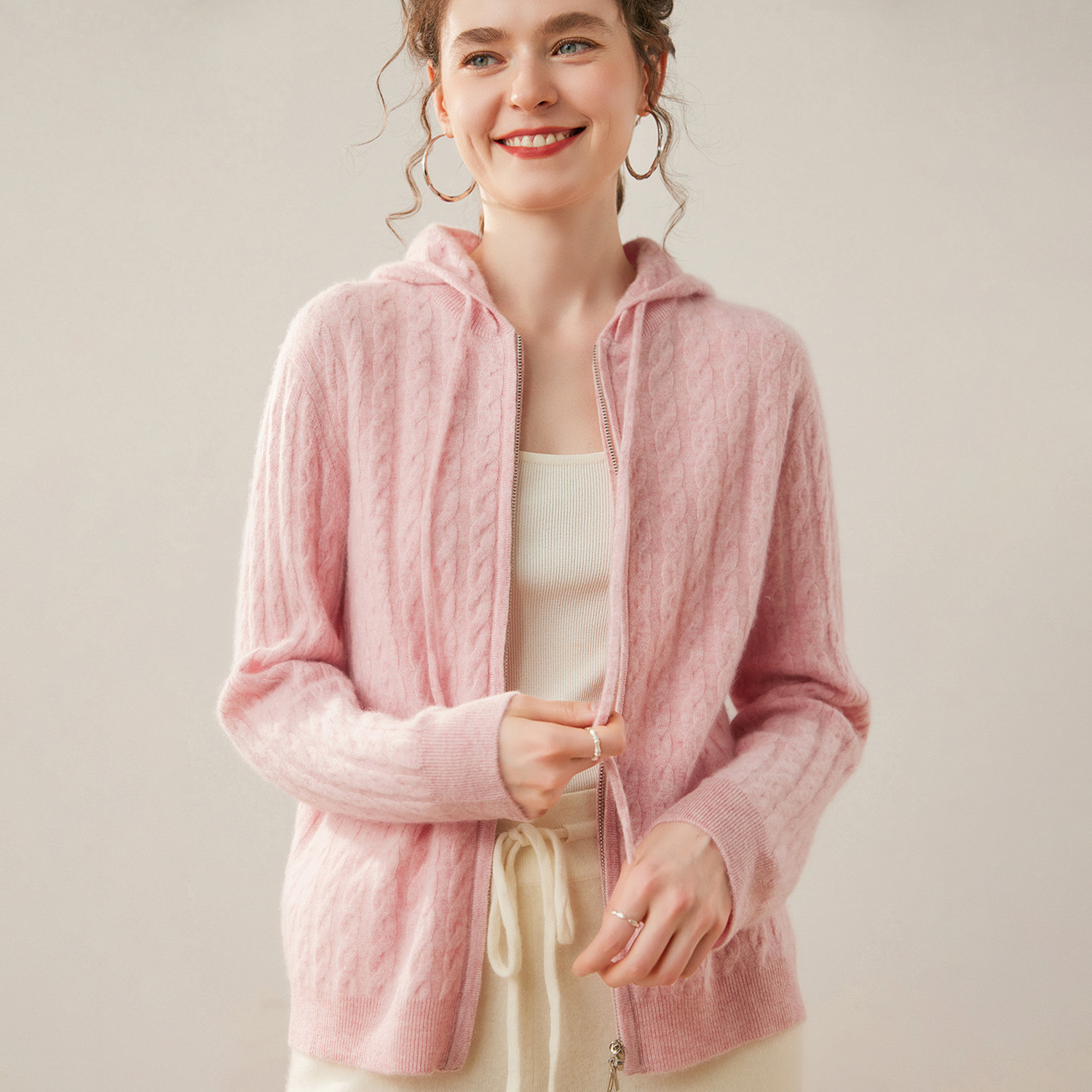 Women's Hooded Cashmere Zip-Up | Knit Sweater Coat REAL SILK LIFE