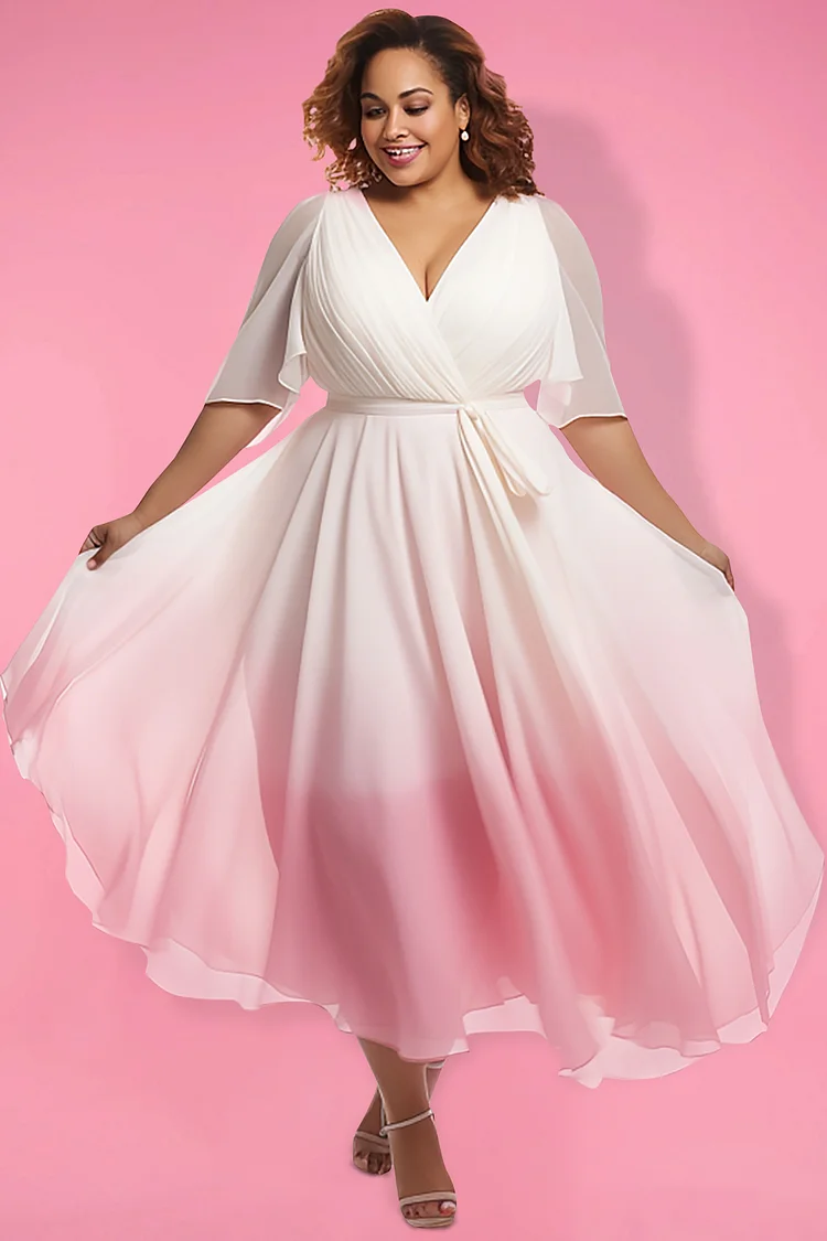 Xpluswear Design Plus Size Semi Formal Pink Gradient V Neck Petal Sleeve Half Sleeve Crinkle Chest Wrap Chiffon Midi Dresses