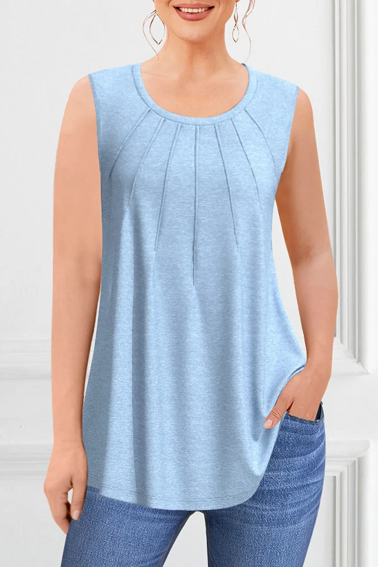 Flycurvy Plus Size Casual Light Blue Pleated A-Line Tank Top  Flycurvy [product_label]