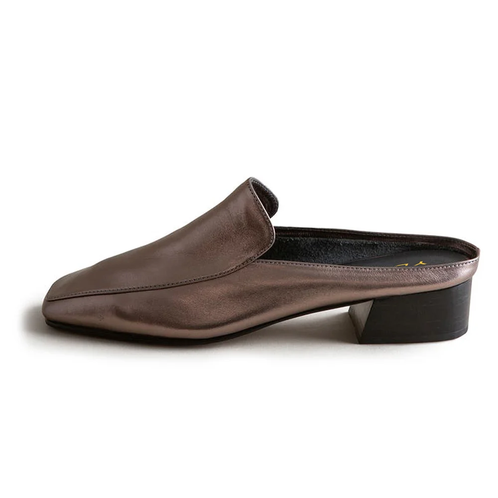 Saddle Brown Square Toe Loafer Style Block Heel Mules Shoes