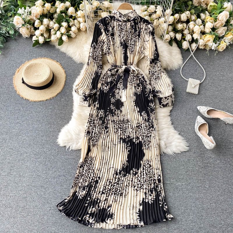 2022 Spring Autumn New Dress Temperament Turtleneck Waist Slim Long Sleeves Lace Up Wild Floral Maxi Vestidos UK016