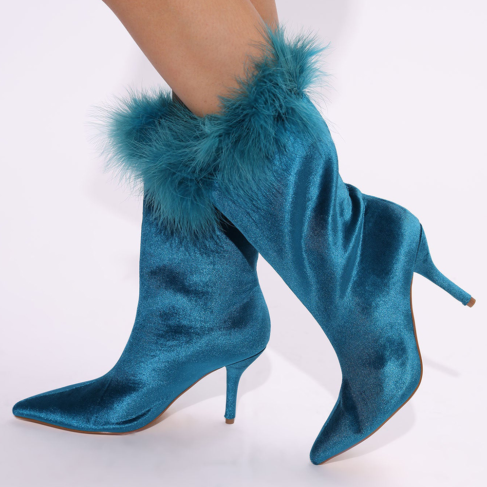 Teal Velvet Pointed Toe Feather Trim Heeled Fashion Boots for Women Nicepairs