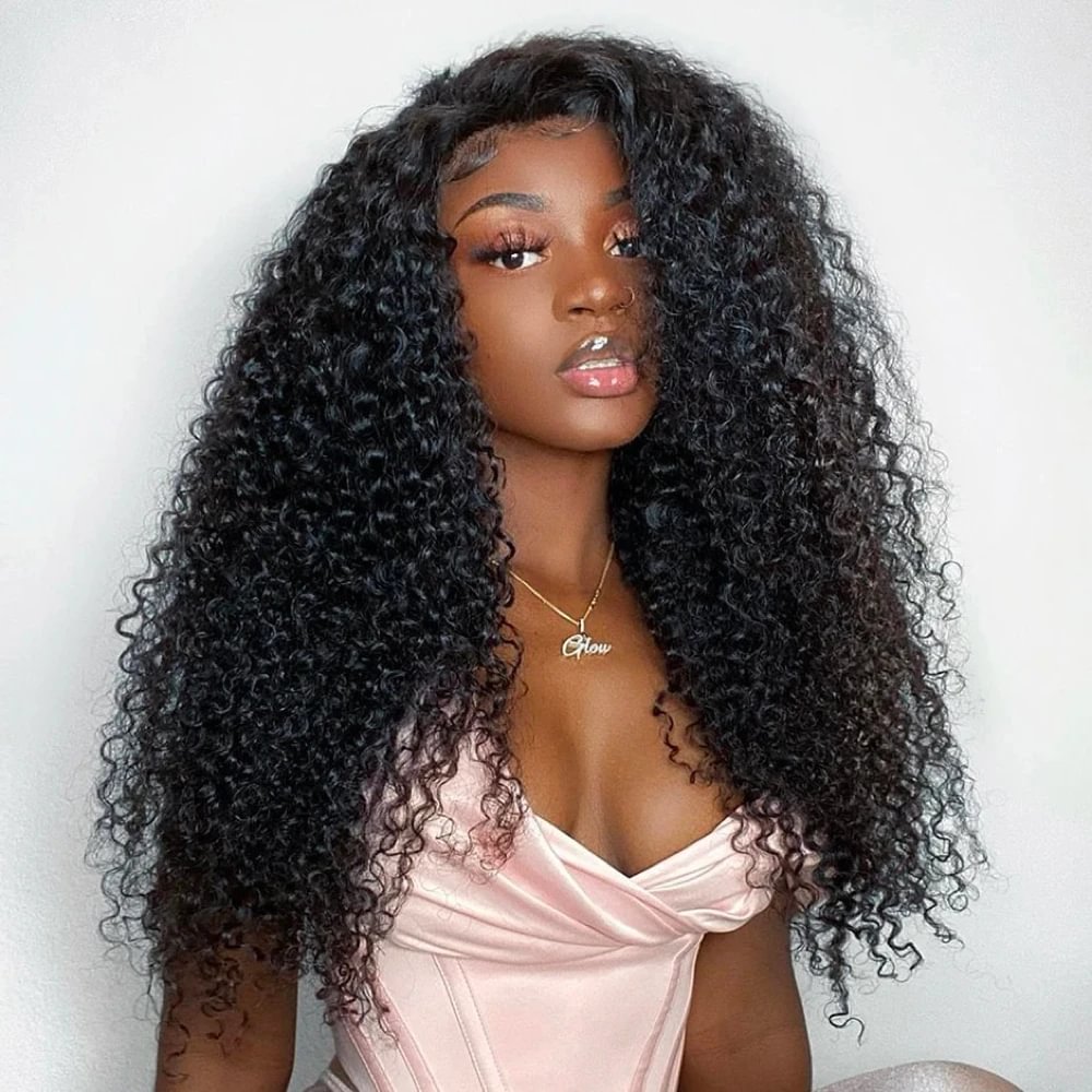 45CM Kinky Curly Lace Front Human Hair Wigs-elleschic