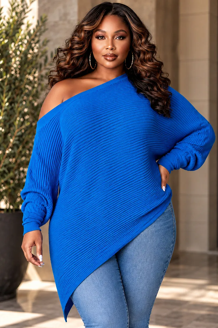 Xpluswear Design Plus Size Daily Royal Blue Oblique Collar Long Sleeve Asymmetric Hem Irregular Hem Crochet Sweaters [Pre-Order] 2024 - Xpluswear