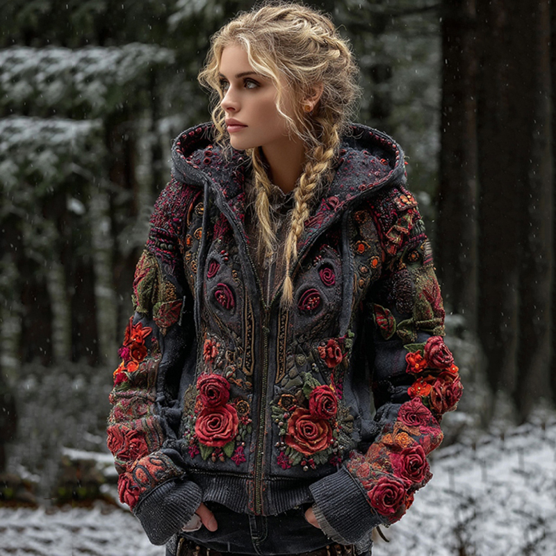 Women's Viking Rose Art Zipper Casual Pocket Hooded