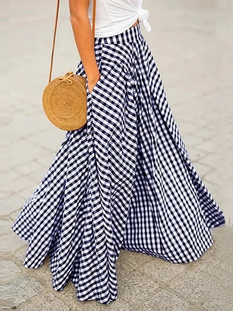 Casual Plaid Print High Waist Big Hem Maxi Skirt