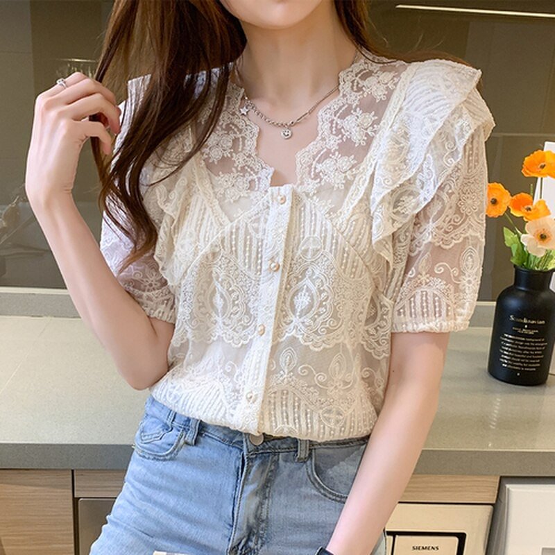 2021 Summer Shirt Sexy Lace Shirt V-neck Fashion Style Base Shirt with Sling Hollow Out Small Shirt French Short Sleeve 13989