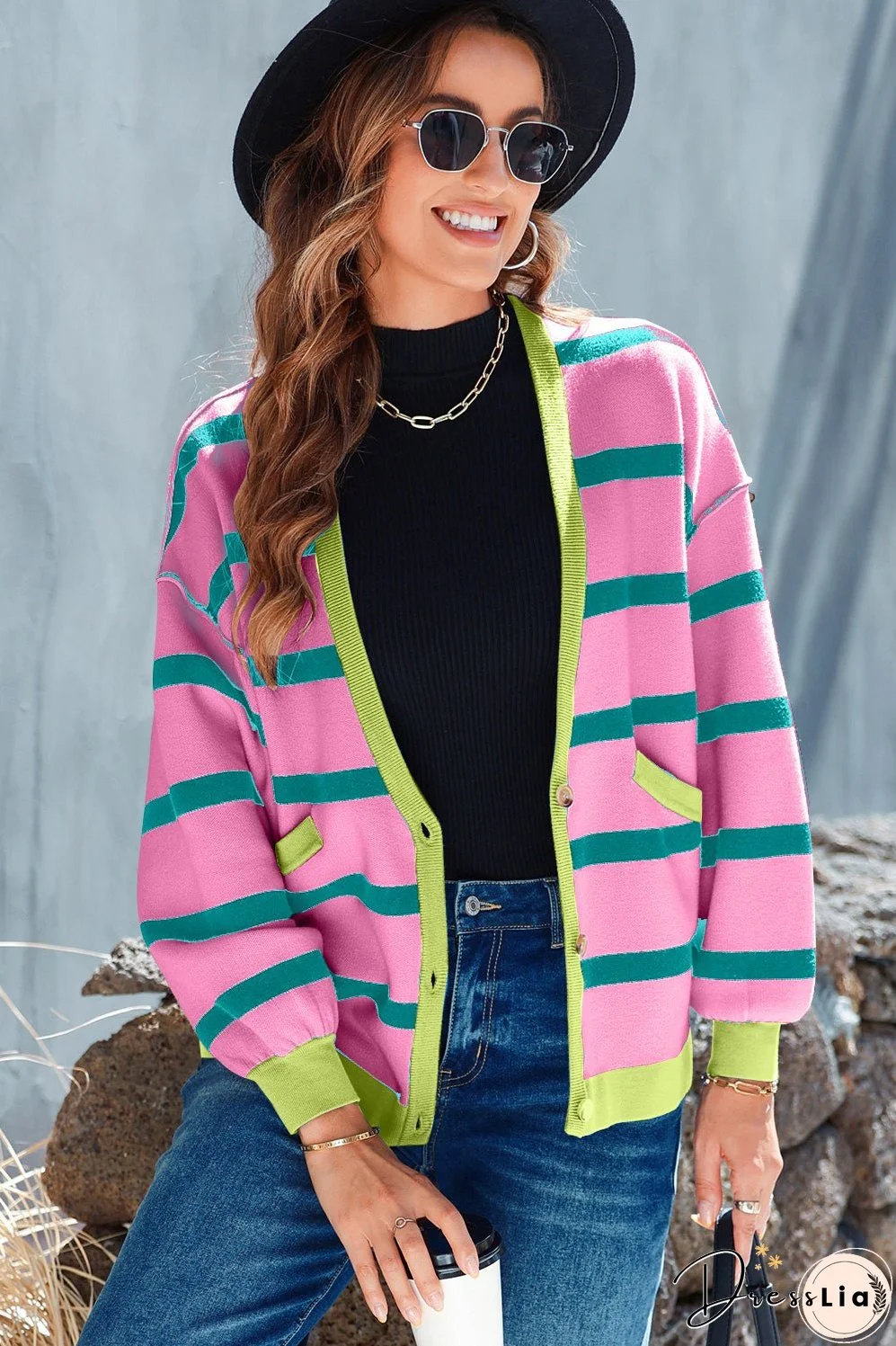 Striped Button Up Long Sleeve Cardigan