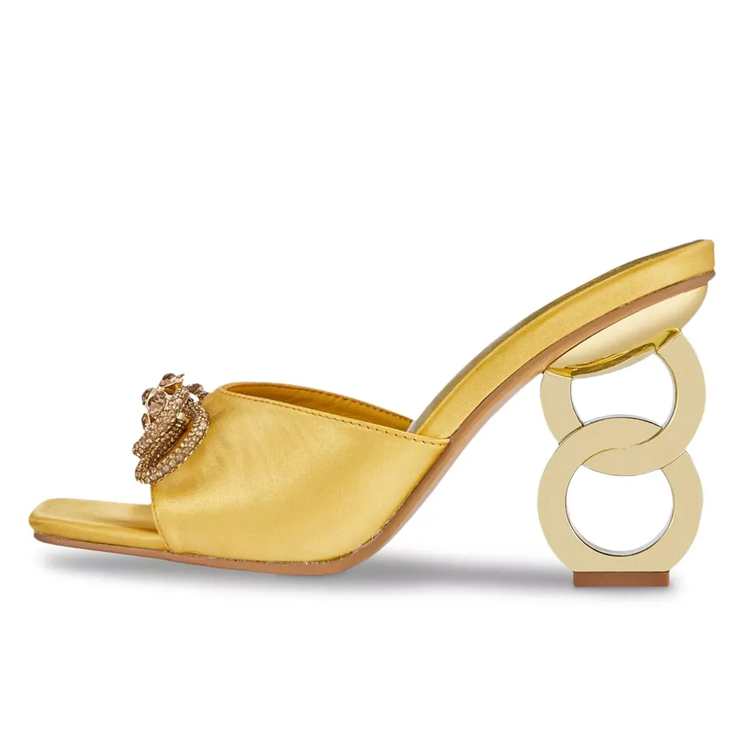 Wide Strap Square Toe Sculptural Heel Gold Sandals with Rhinestone Bow