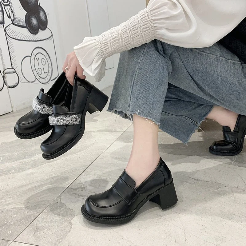 Transparent Bead PU Leather Shoes Woman Retro Round Toe Chunky High Heels Loafers Women 2022 Spring New Black Party Pumps