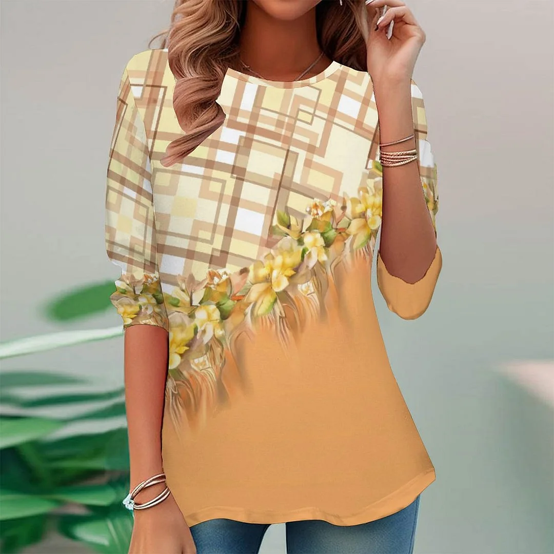 Vintage Printed Long Sleeve Plus Size Tunic for  Women and Men Unisex Pattern Yellow,Plaid,Floral
