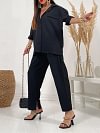 Lapel Long Sleeve Shirt With Pants Solid Color Set