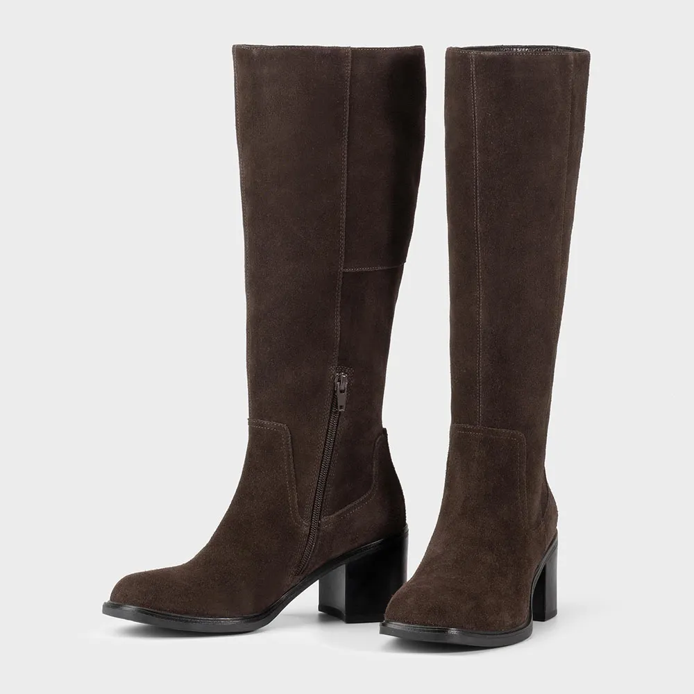 Vegan Suede Square Toe Zipper Block Heel Tall Boots in Dark Brown
